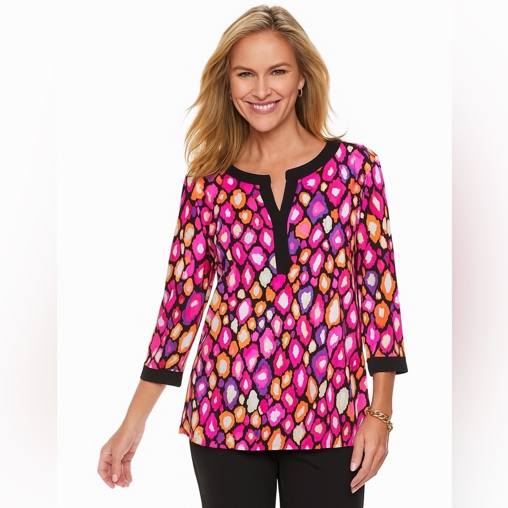 Dana Buchman Pink and Yellow Graphic 3/4 Sleeve Blouse